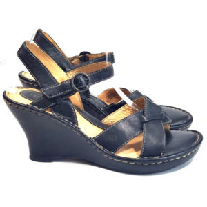Born Wedge Sandals Black Leather Sz. 9